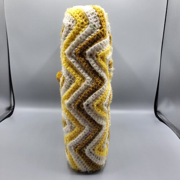 Vtg Crochet Square Granny Throw Pillow Yellow White Yarn Ruffled Handmade - Picture 7 of 11